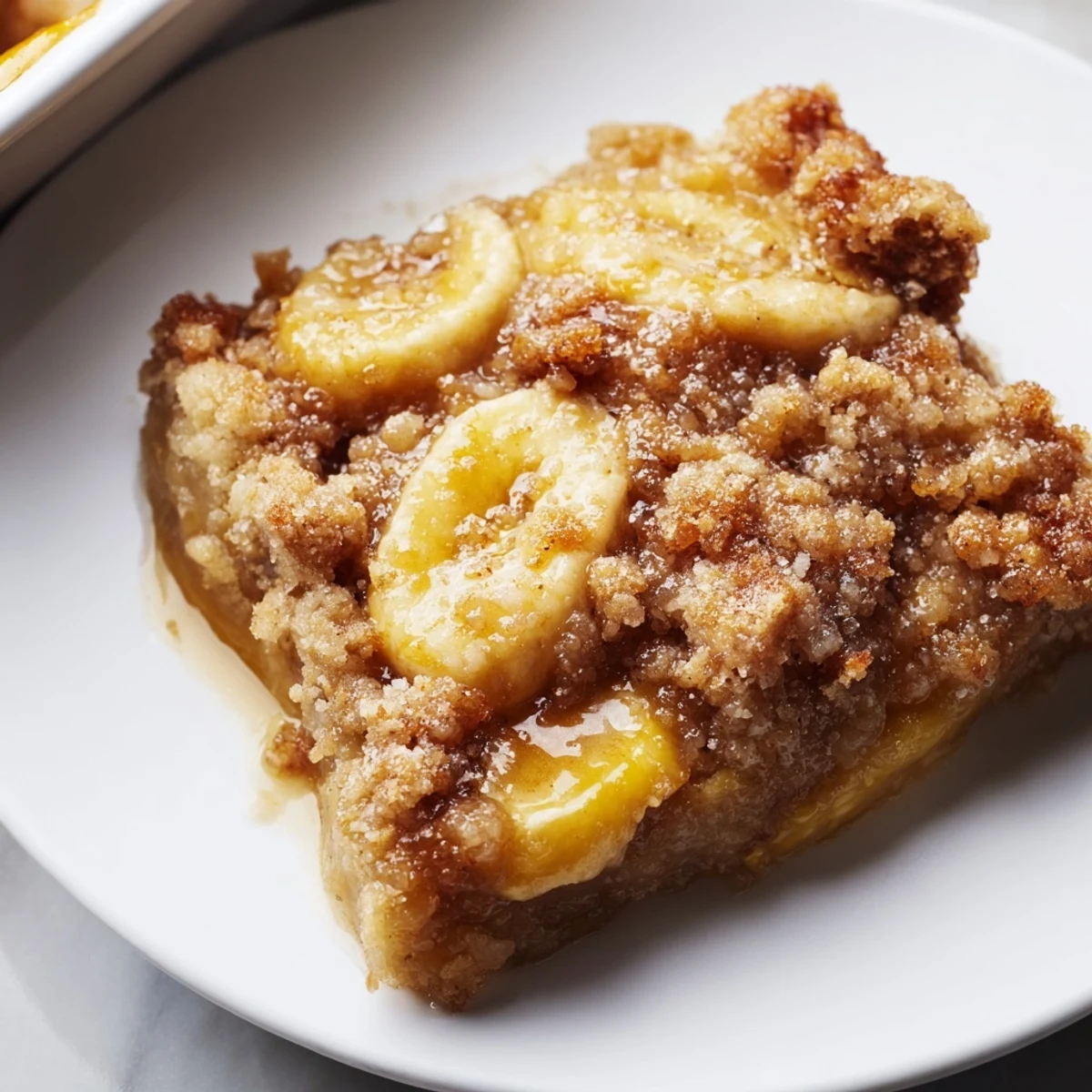 Warm Southern banana cobbler served in a baking dish with melting vanilla ice cream.