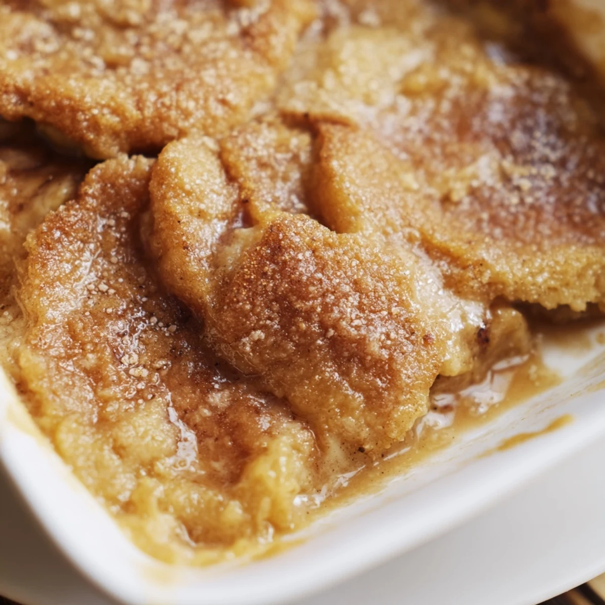 Golden Southern banana cobbler bubbling beneath a buttery, sugar-sprinkled topping.
