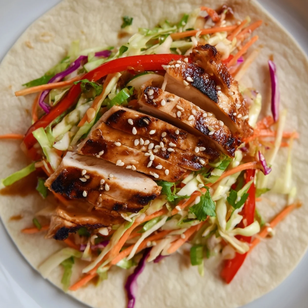 Juicy sliced chicken nestled in Thai chicken wraps with crunchy cabbage slaw