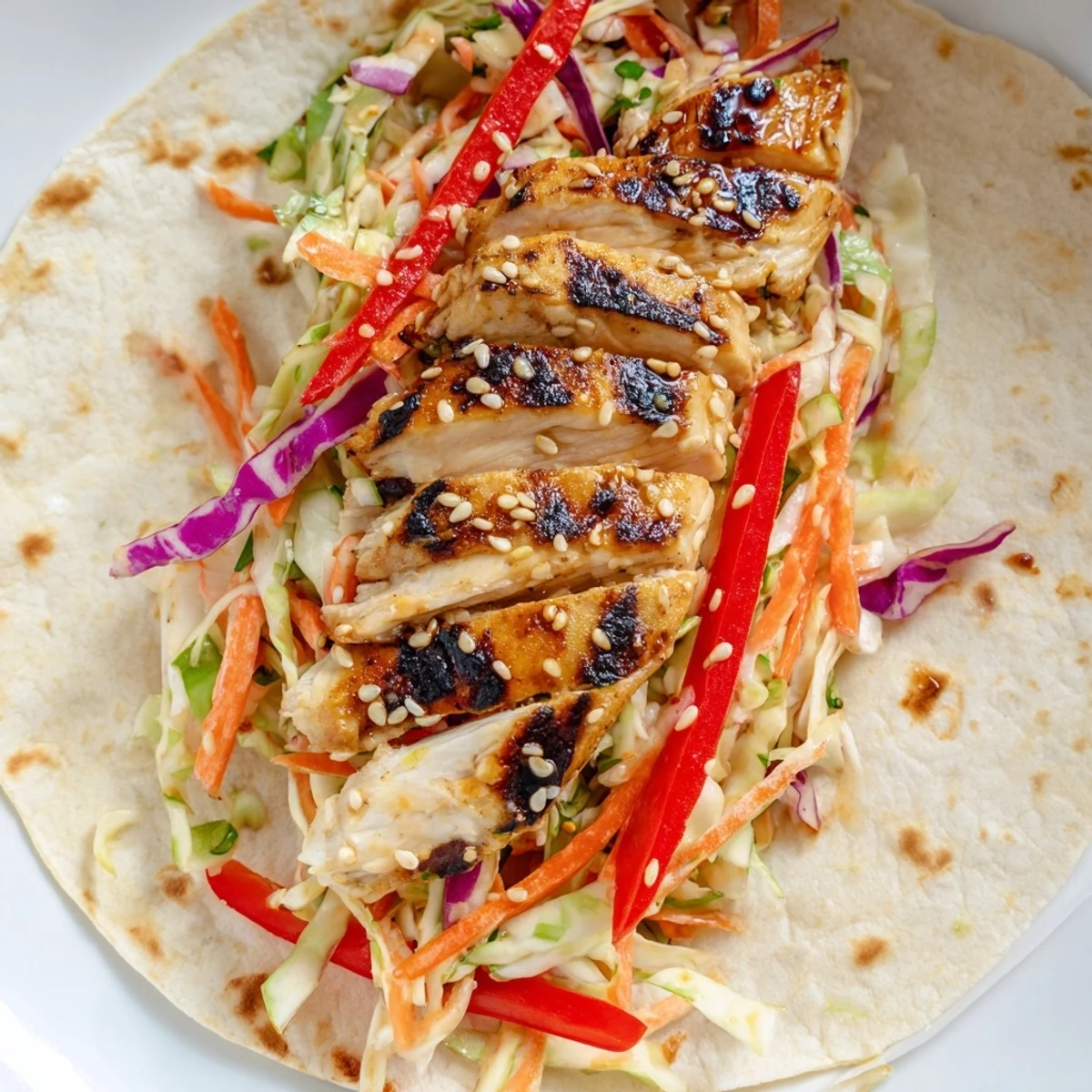 Colorful Asian slaw and grilled chicken tucked inside Thai chicken wraps for dinner
