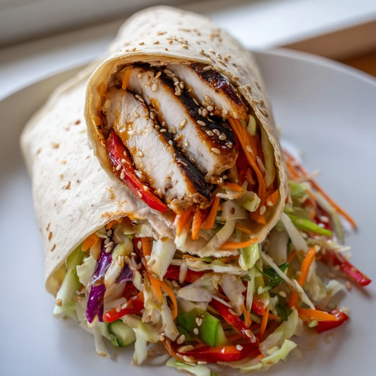 Thai chicken wraps rolled in warm tortillas topped with sesame seeds and lime