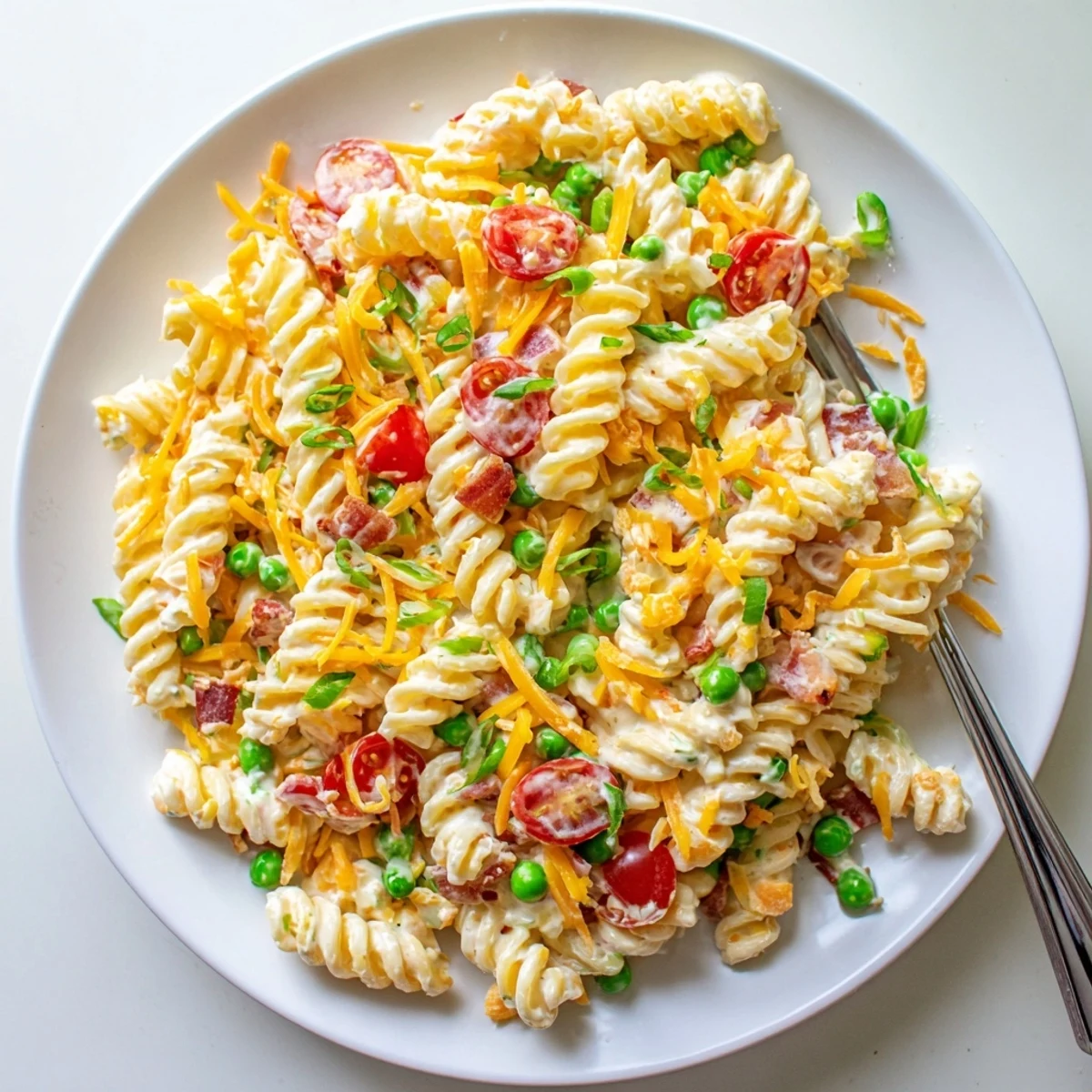 Heaped scoop of addictive crack pasta salad dotted with cherry tomatoes and shredded cheese on a plate