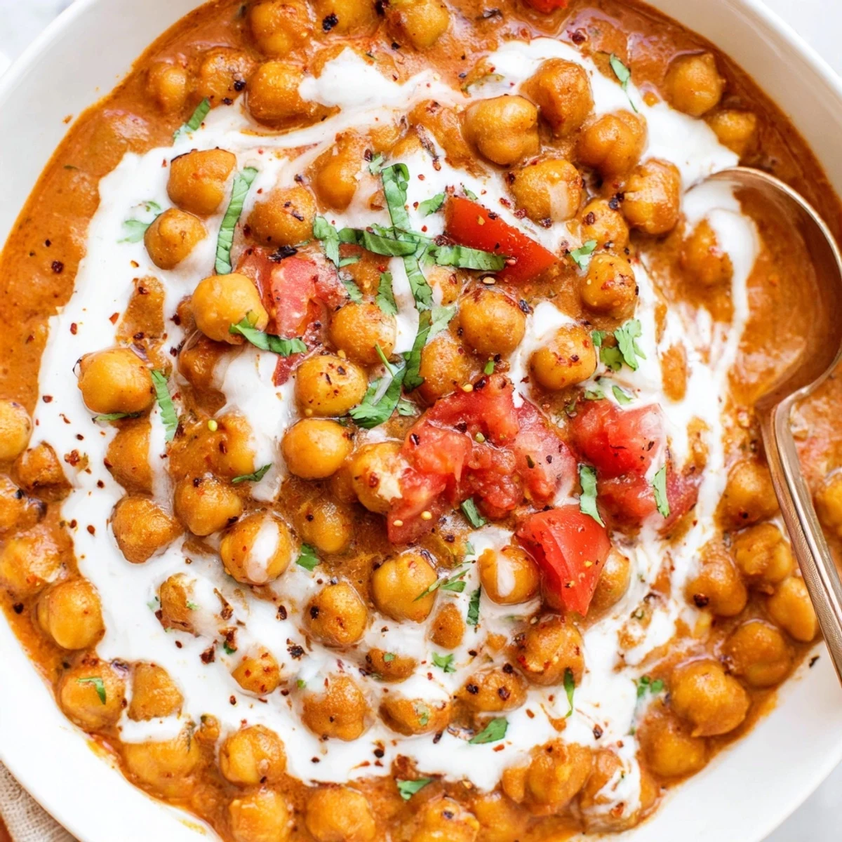 Creamy Greek Yogurt Chickpea Curry steaming in skillet, garnished with cilantro