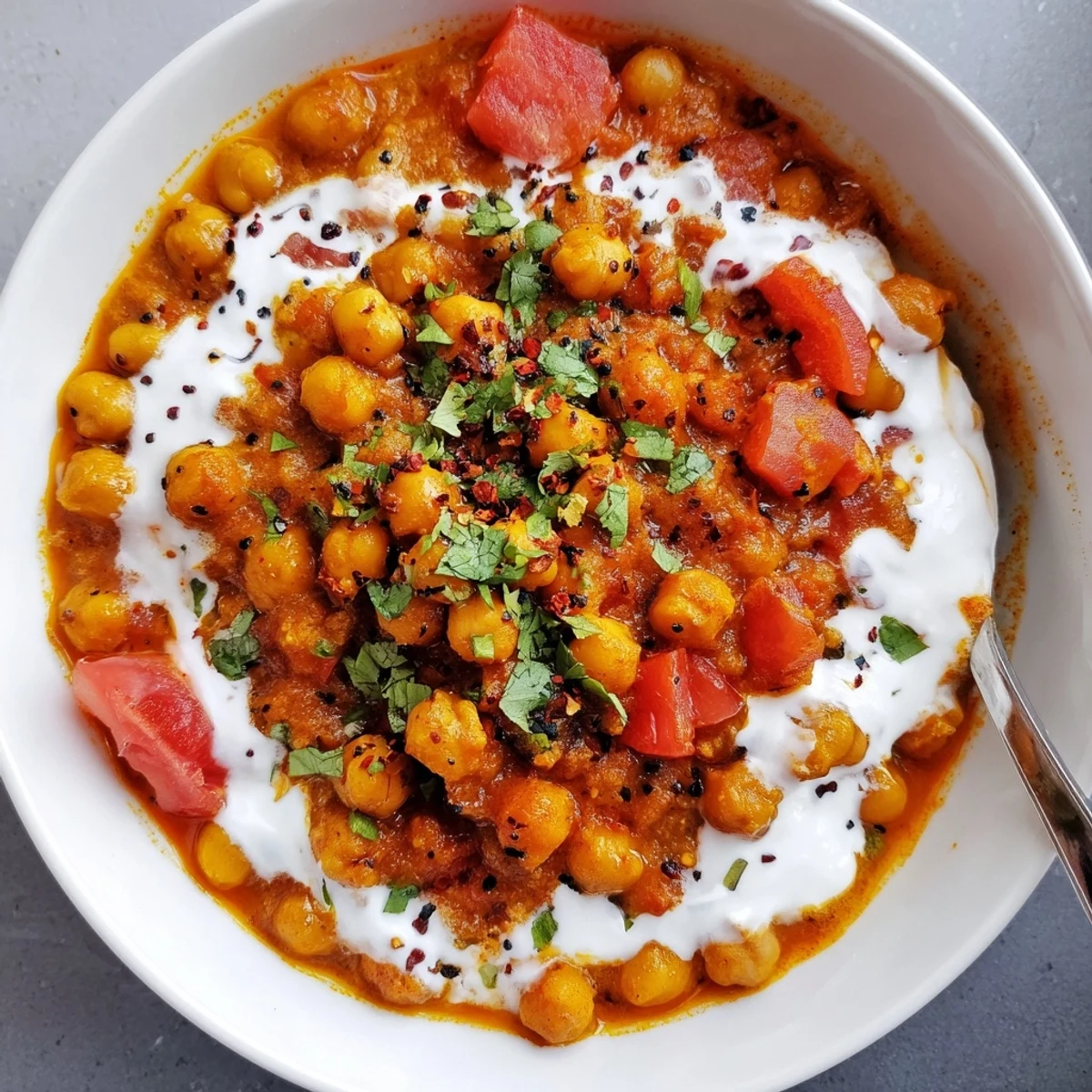 Hearty Greek Yogurt Chickpea Curry ladled over fluffy basmati rice, fragrant spices