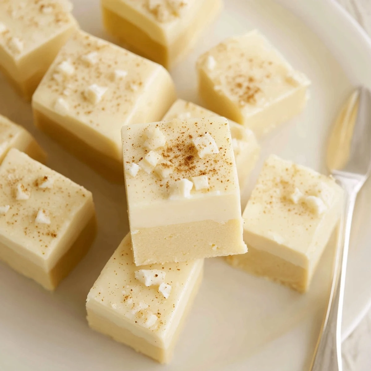 Creamy Eggnog Fudge dusted with nutmeg, cut into festive squares.  