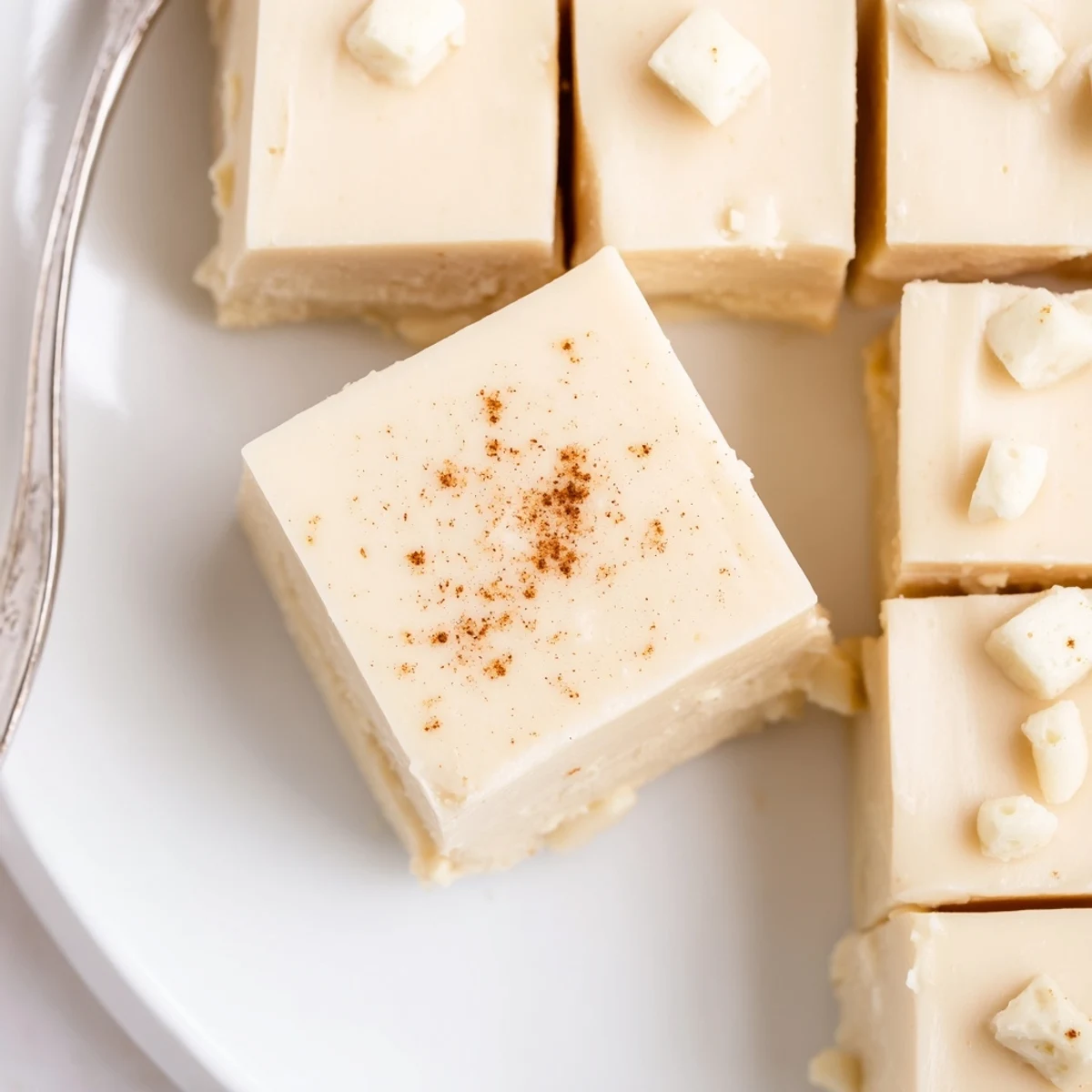 Slices of Eggnog Fudge glistening, nutmeg aroma promising creamy holiday bites.