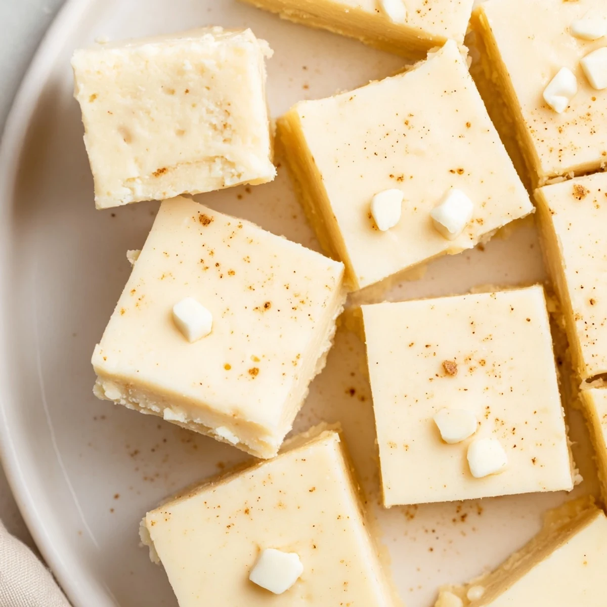 Rich Eggnog Fudge on parchment, chilled and ready for holiday gifting.  