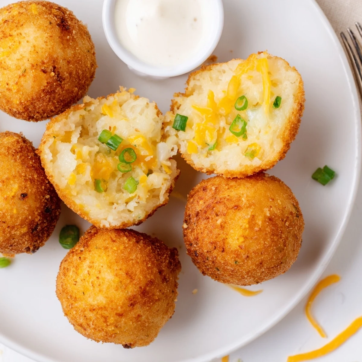 Crispy golden Fried Mashed Potato Balls served hot with ranch dip  