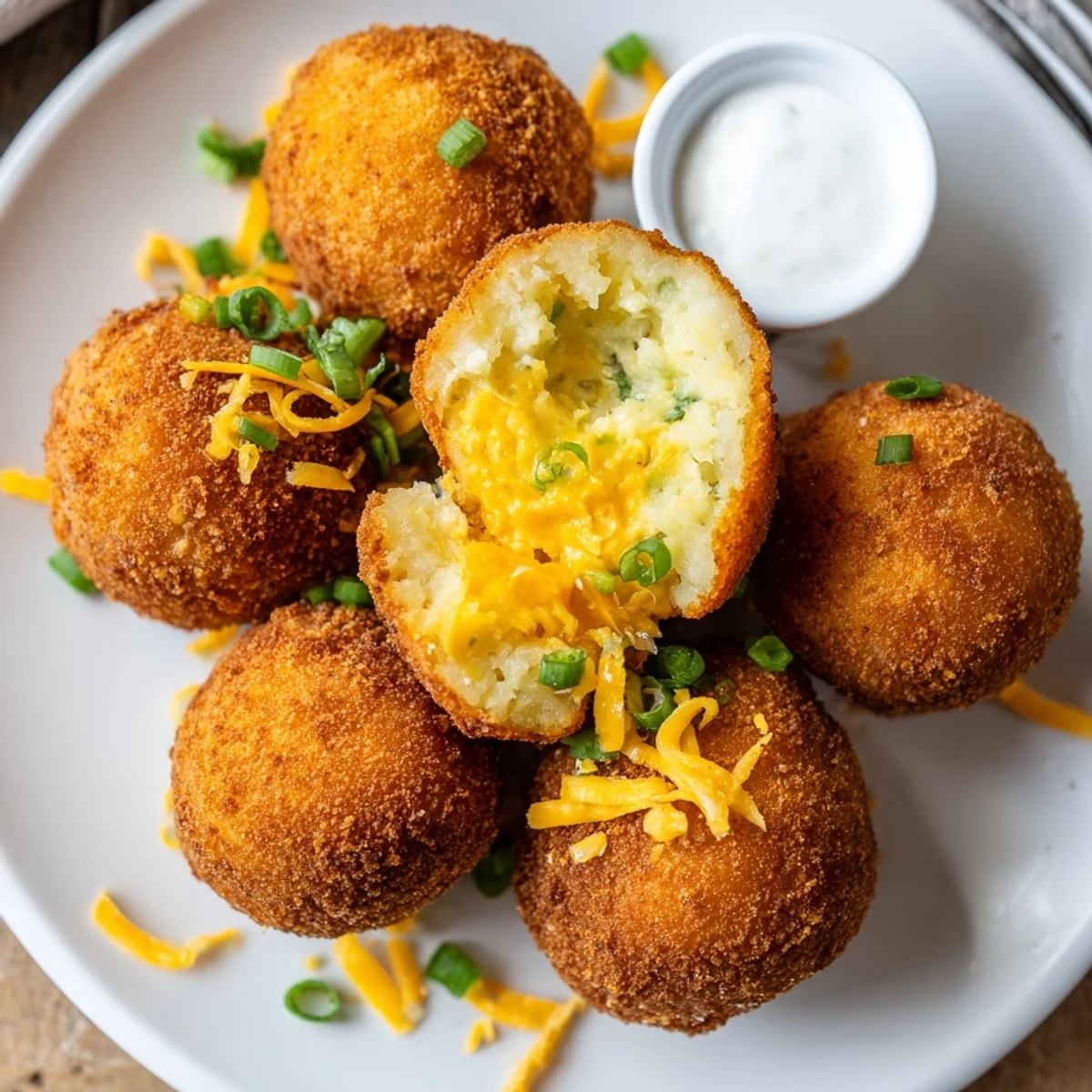 Steaming Fried Mashed Potato Balls with gooey cheddar center and scallions  