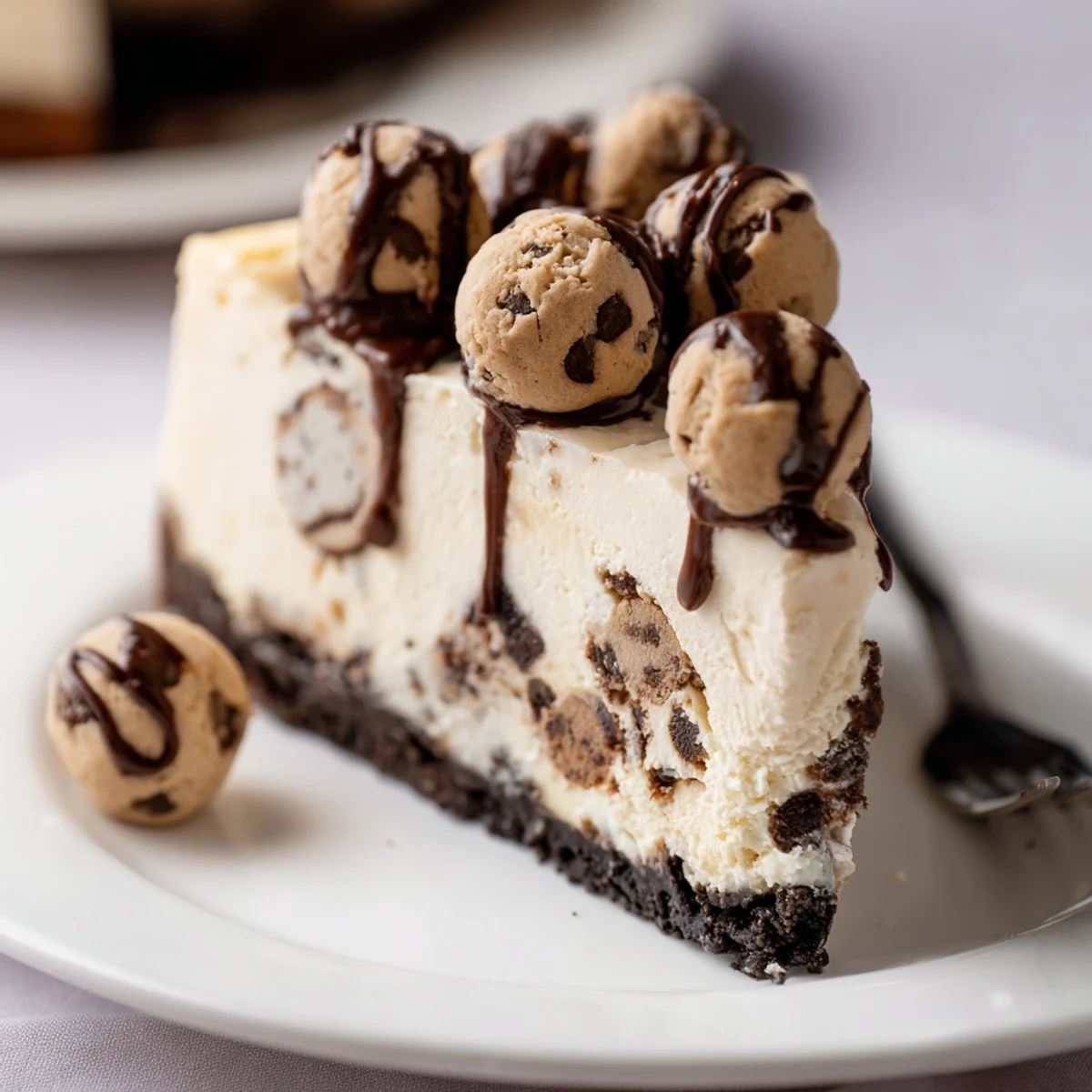 Chocolate Chip Cookie Dough Cheesecake chilled on plate, creamy filling and cookie dough pockets
