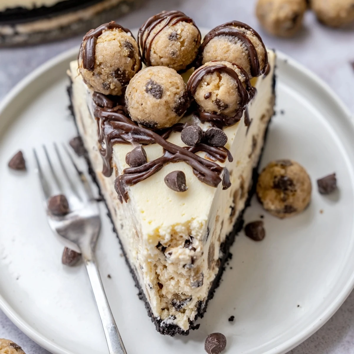 Slice of Chocolate Chip Cookie Dough Cheesecake showing chocolate crust and gooey centers
