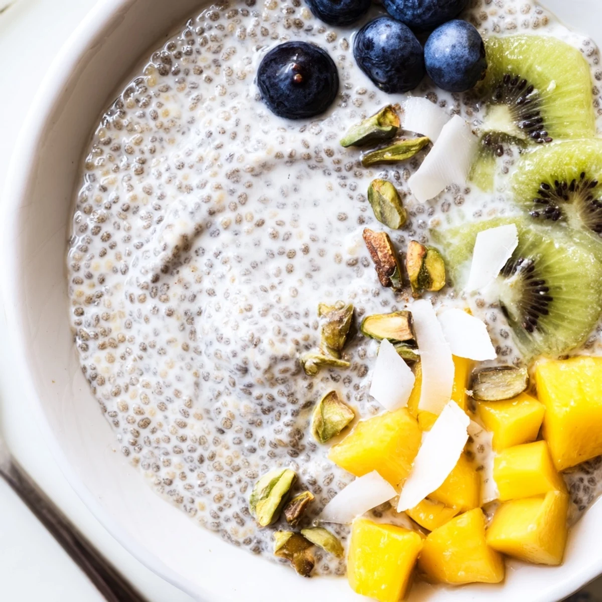 Coconut Chia Pudding topped with mango and coconut flakes, creamy texture visible