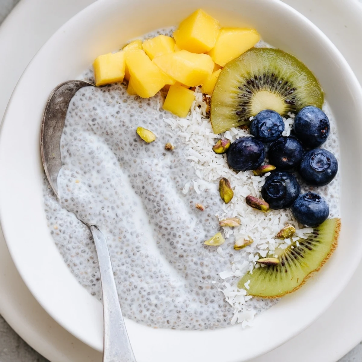 Smooth Coconut Chia Pudding spoon-ready, fragrant vanilla and maple sweetness hinted