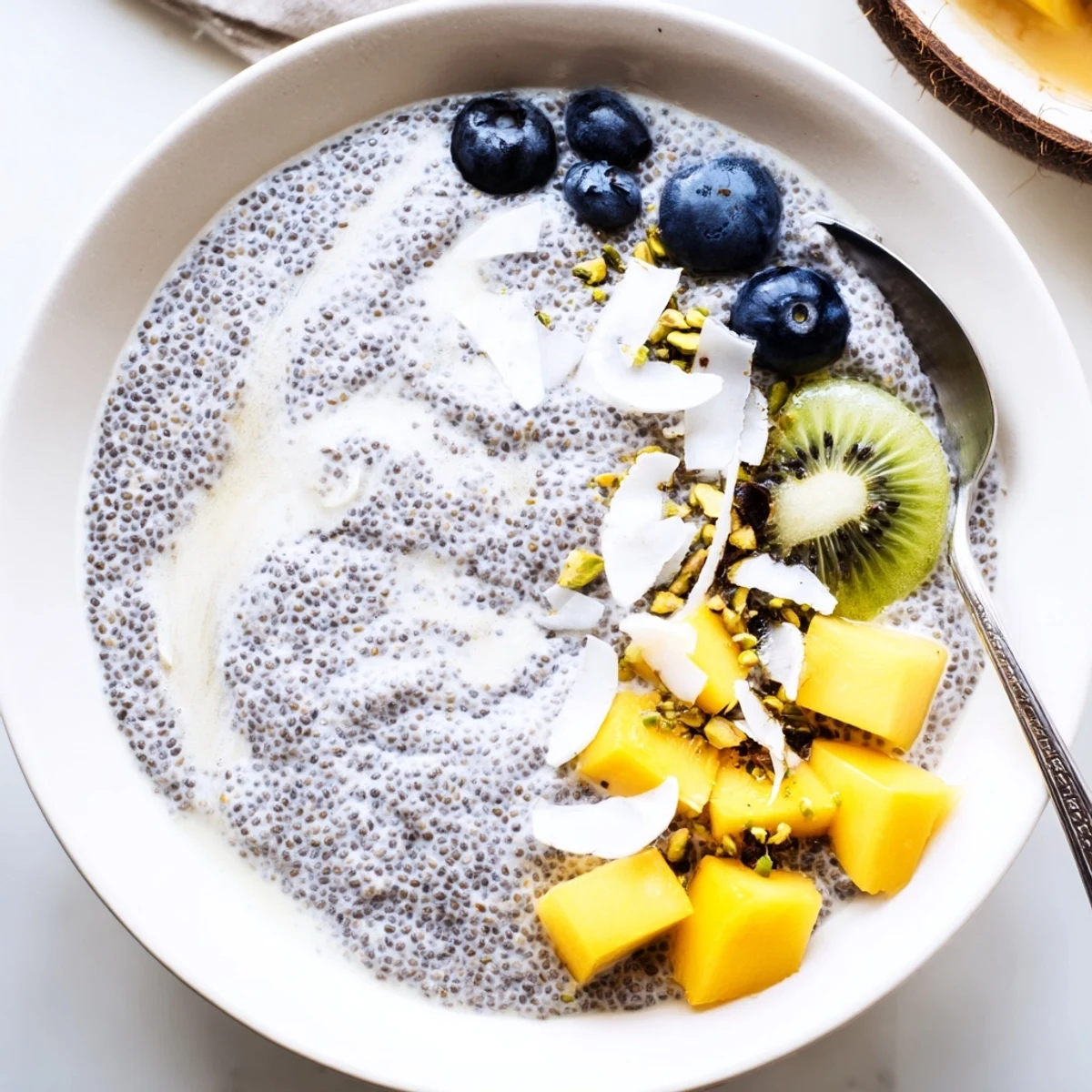Chilled Coconut Chia Pudding in a glass jar garnished with berries and nuts