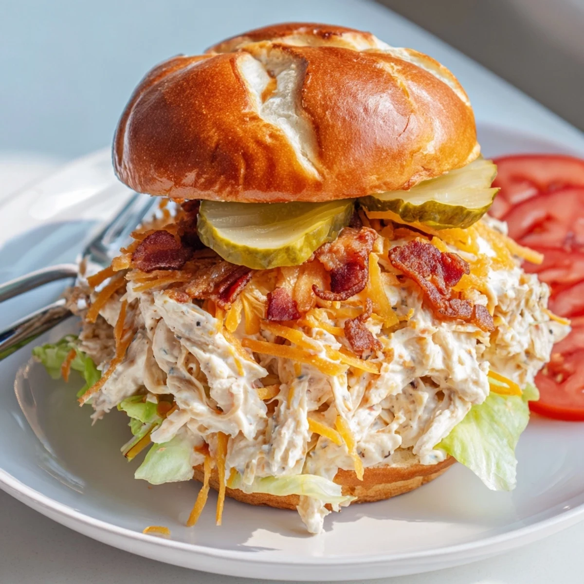 Oozy Crack Chicken Sandwiches on toasted brioche, ranch tang and pickle slices