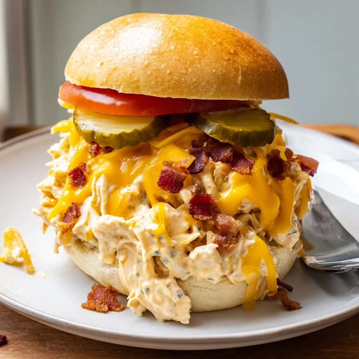 Warm Crack Chicken Sandwiches piled high with melted cheddar and crispy bacon