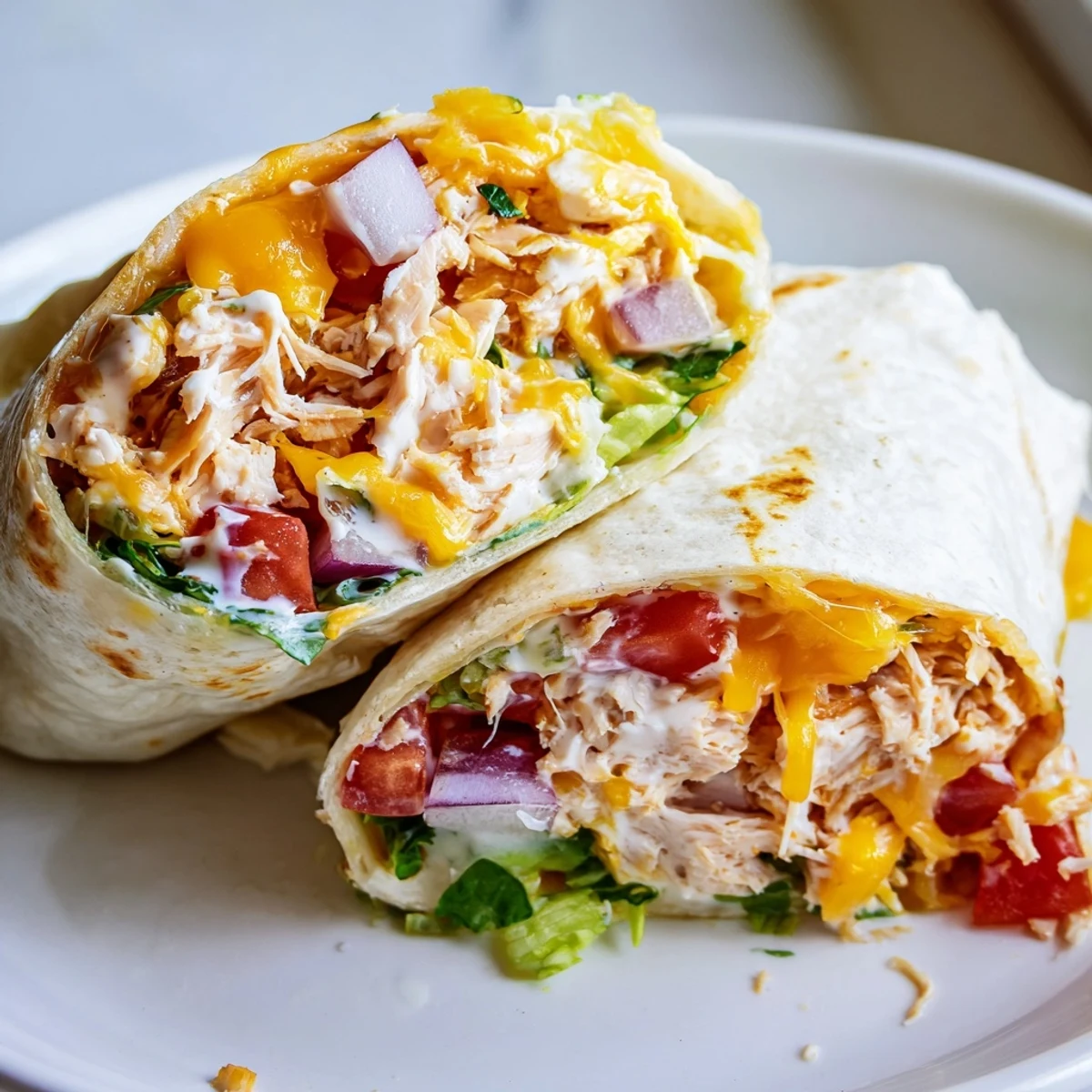 Family-friendly Cheesy Garlic Chicken Wraps with garlicky chicken, creamy sauce, and fresh tomato