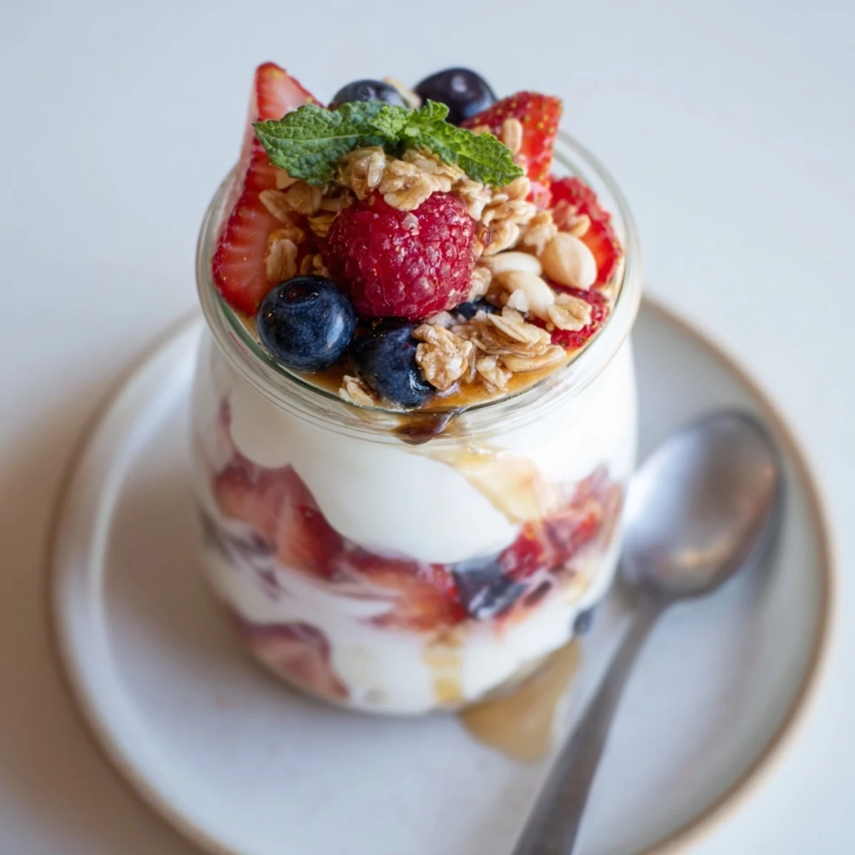 Greek Yogurt Parfait with layers of creamy yogurt, bright berries, crunchy granola