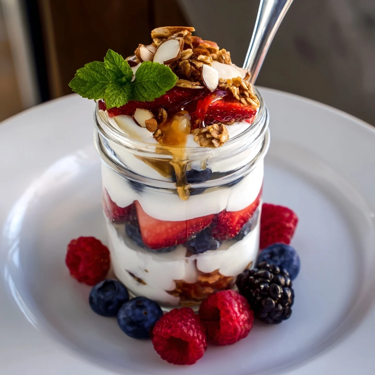 Easy Greek Yogurt Parfait served for breakfast, drizzled with honey and berries