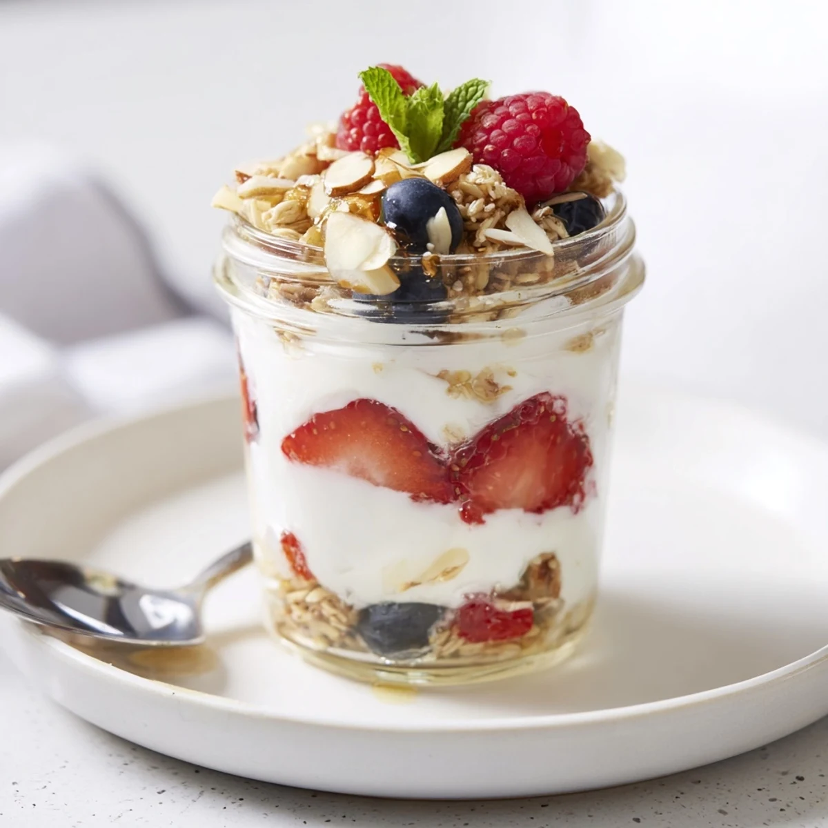 Chilled Greek Yogurt Parfait in a glass jar, topped with mint and nuts