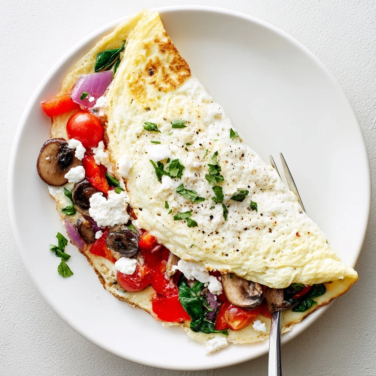 Egg White Omelette with Vegetables steaming on plate, fluffy whites and wilted spinach