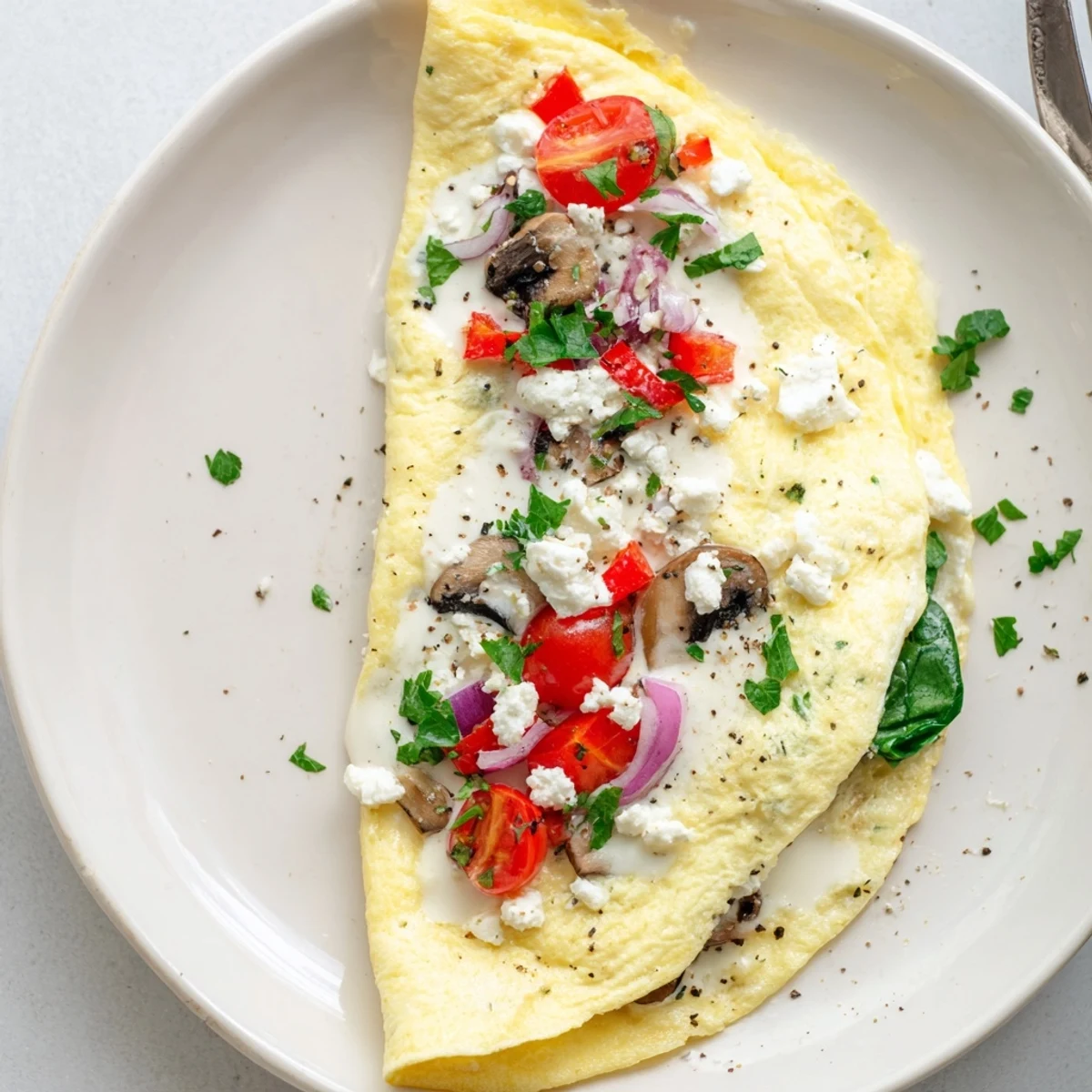 Bright Egg White Omelette with Vegetables folded over sauteed peppers and feta