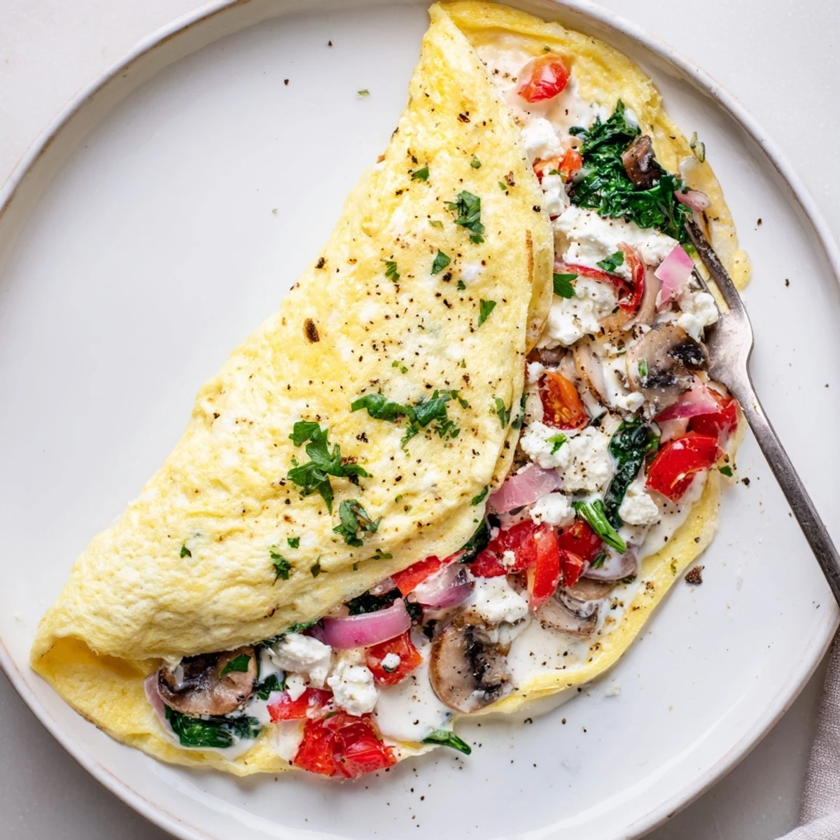 Healthy Egg White Omelette with Vegetables plated beside whole grain toast and parsley