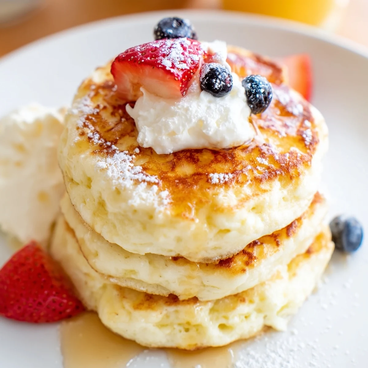 Cottage Cheese Pancakes stacked with berries and maple syrup, steaming warm