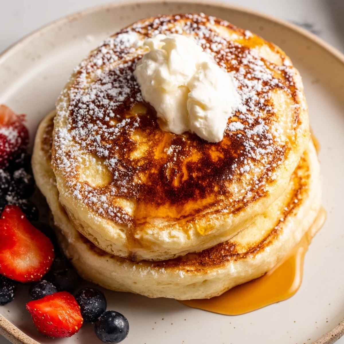 Golden Cottage Cheese Pancakes frying in butter on a griddle, close up