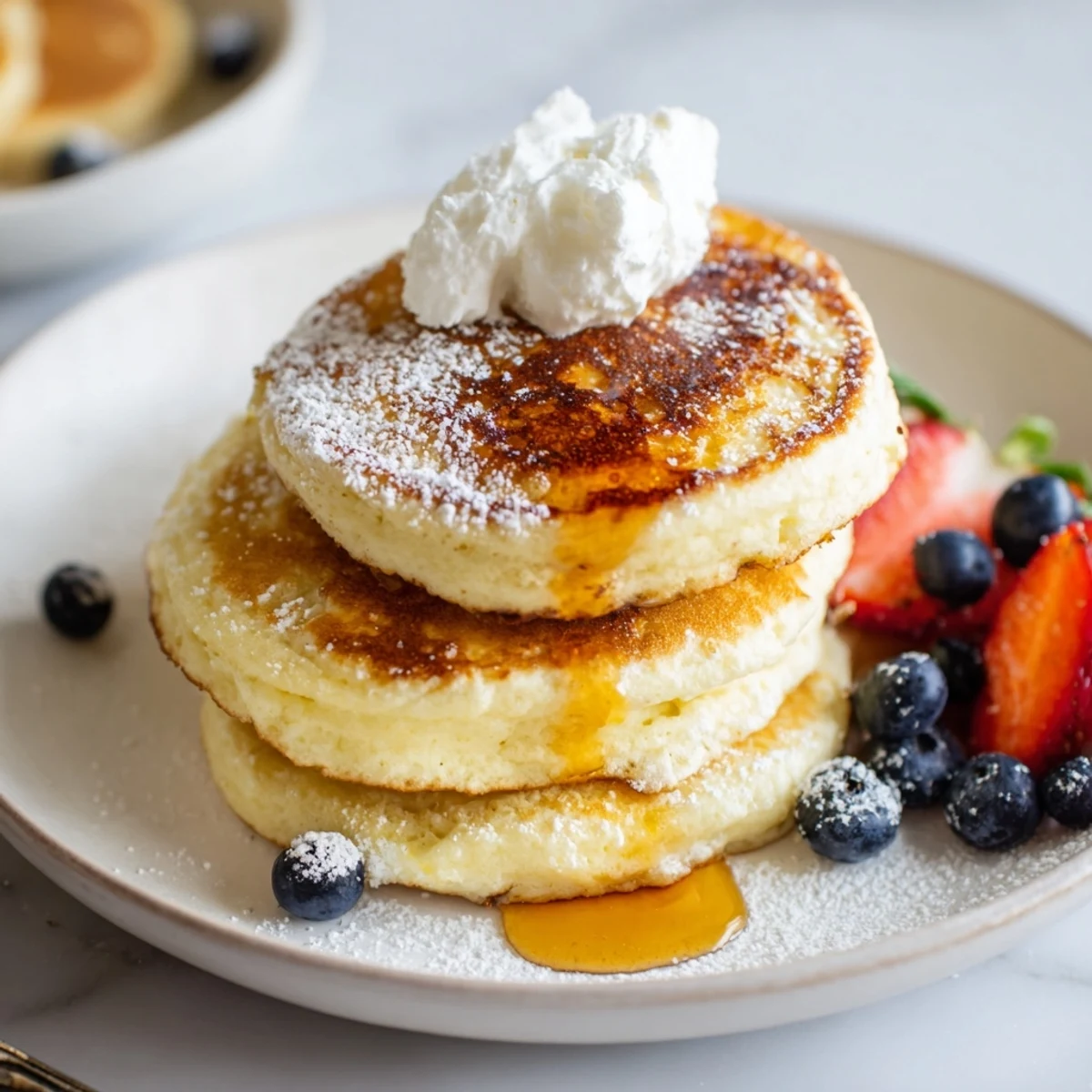Fluffy Cottage Cheese Pancakes topped with Greek yogurt and fresh berries