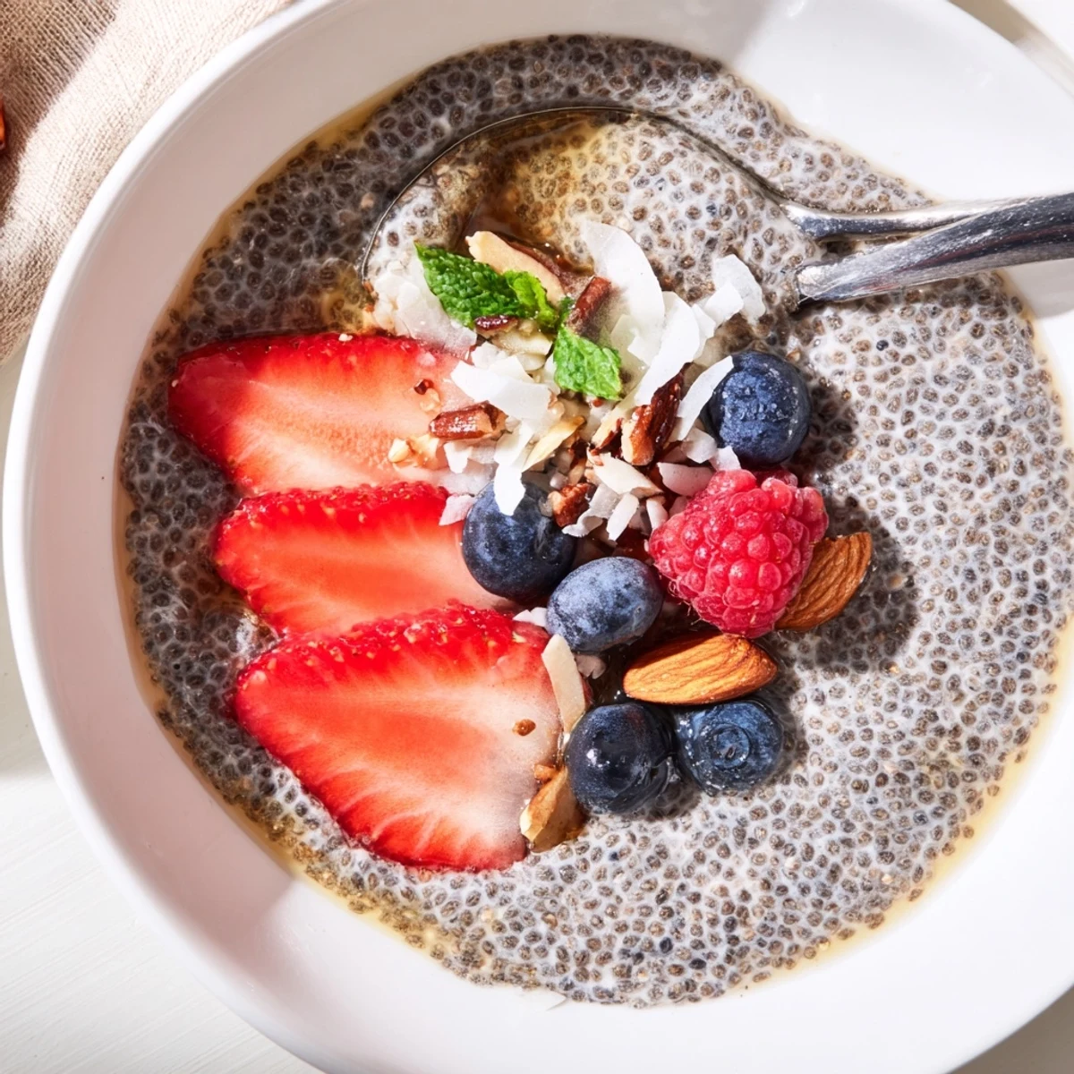 Chia Seed Pudding topped with glossy blueberries and toasted almonds, chilled  