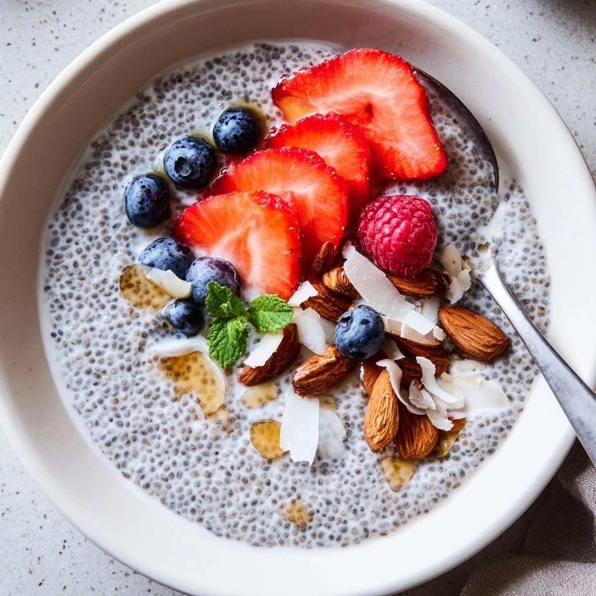 Creamy Chia Seed Pudding swirled with vanilla, maple, and fresh berries  