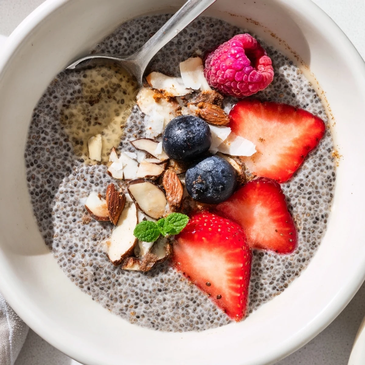 Individual jars of Chia Seed Pudding garnished with mint, coconut, and raspberries