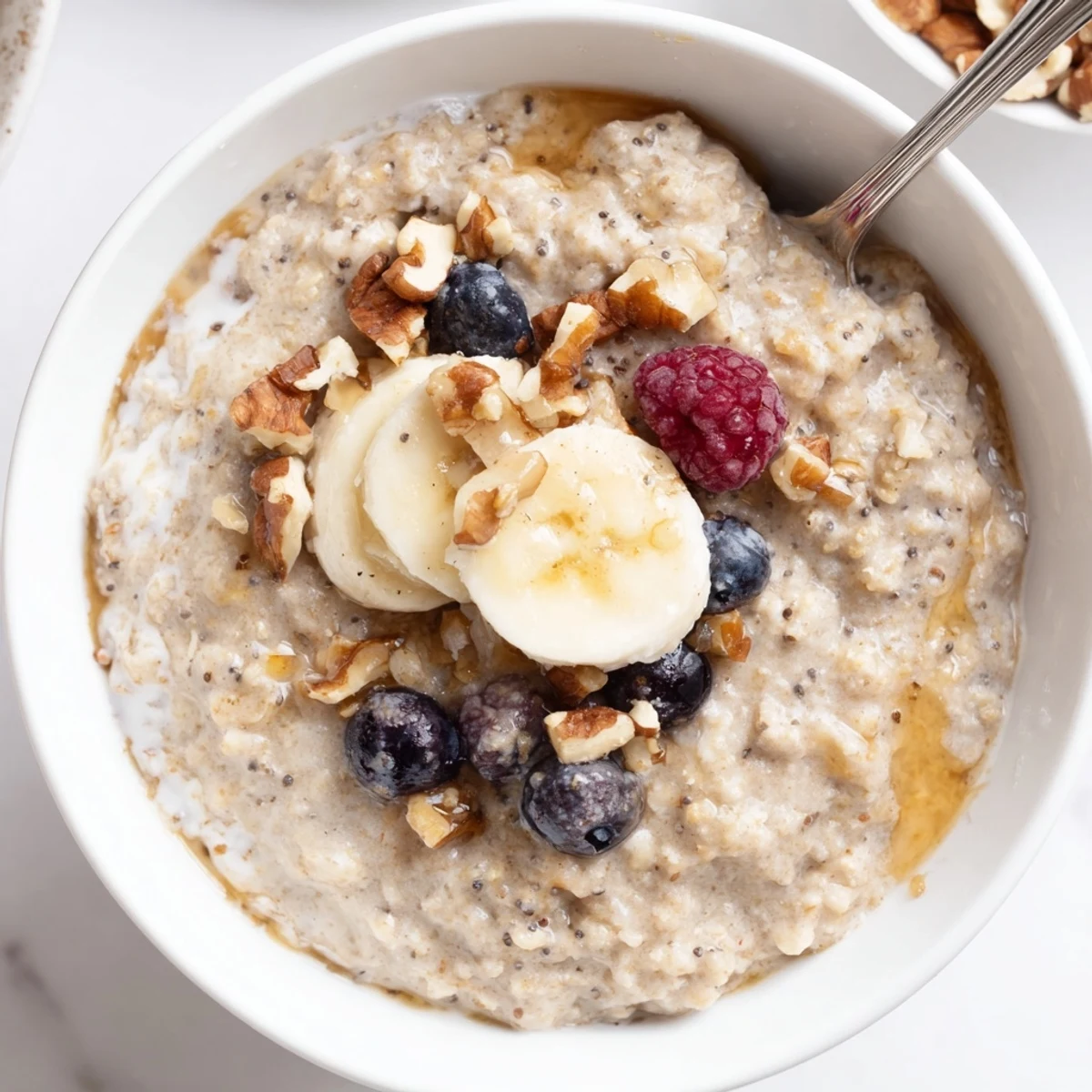 Creamy Protein Oatmeal topped with banana slices, nuts, and fresh berries