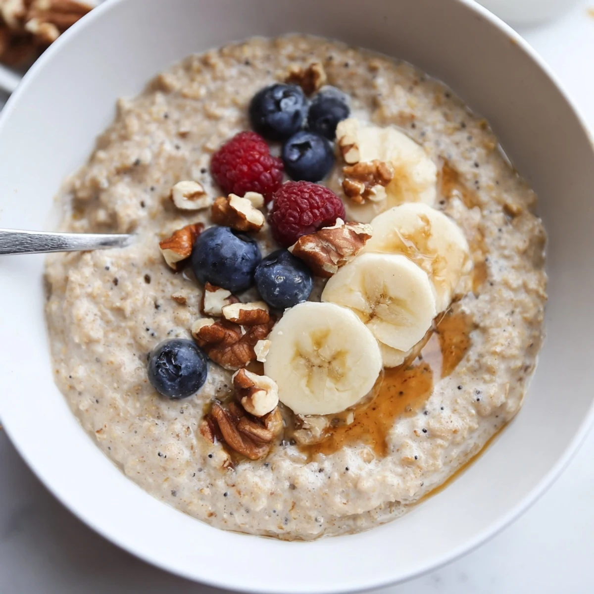 Warm Protein Oatmeal simmered until creamy, drizzled with maple syrup