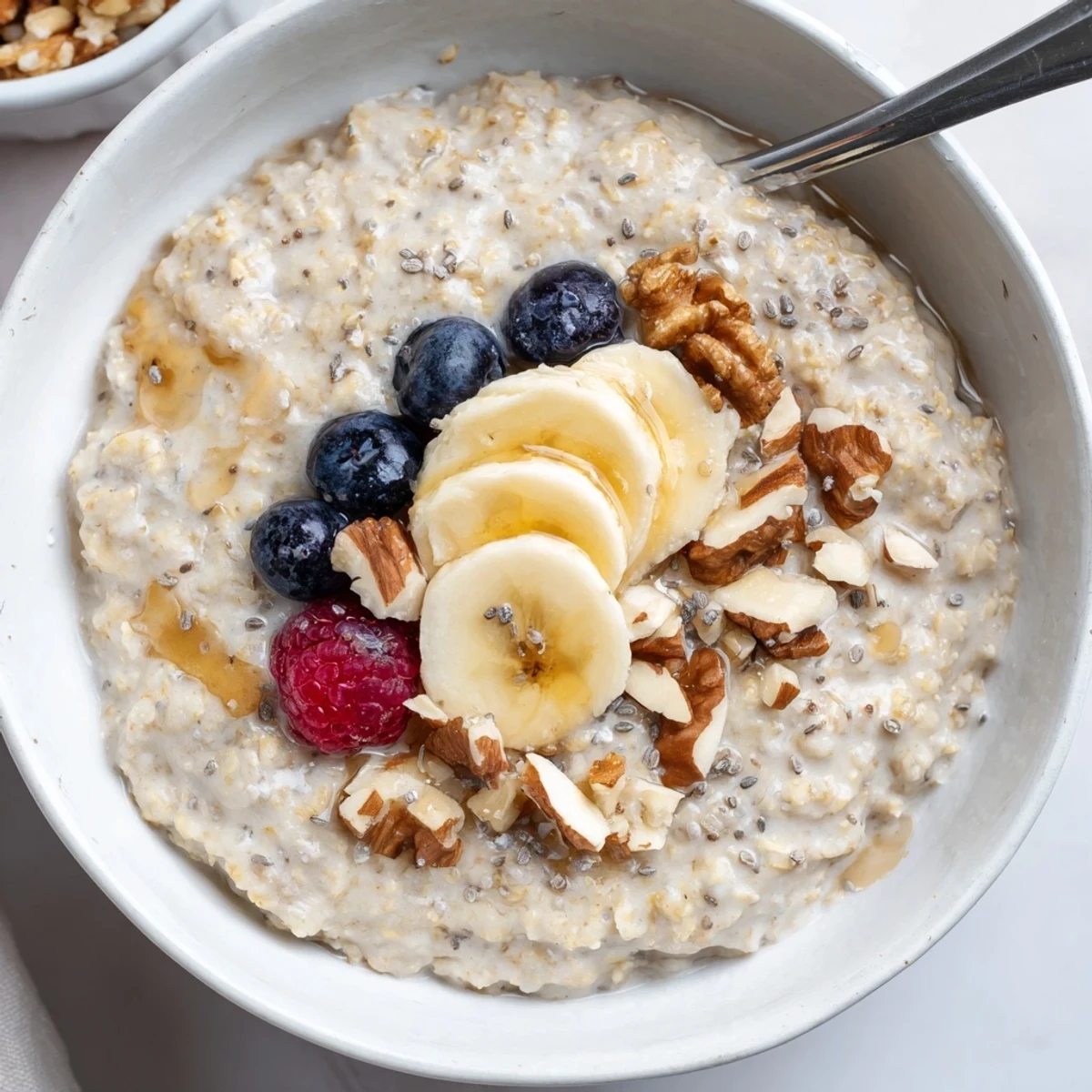 Hearty Protein Oatmeal served in bowls, sprinkled with chia seeds, crunchy nuts