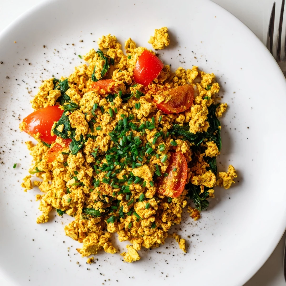Steaming golden Tofu Scramble with wilted spinach and red pepper, served on toast