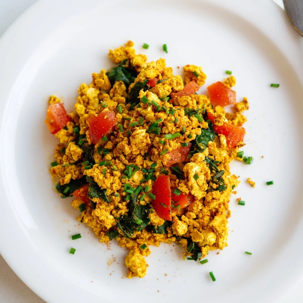 Skillet-cooked Tofu Scramble, turmeric-scented and fluffy, topped with chopped chives