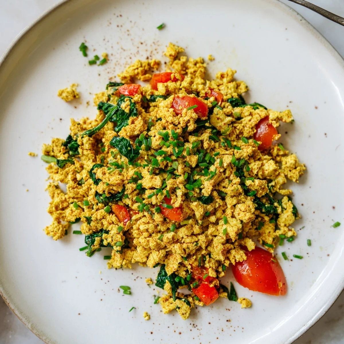 Bright Tofu Scramble studded with tomato and spinach, perfect for avocado wraps