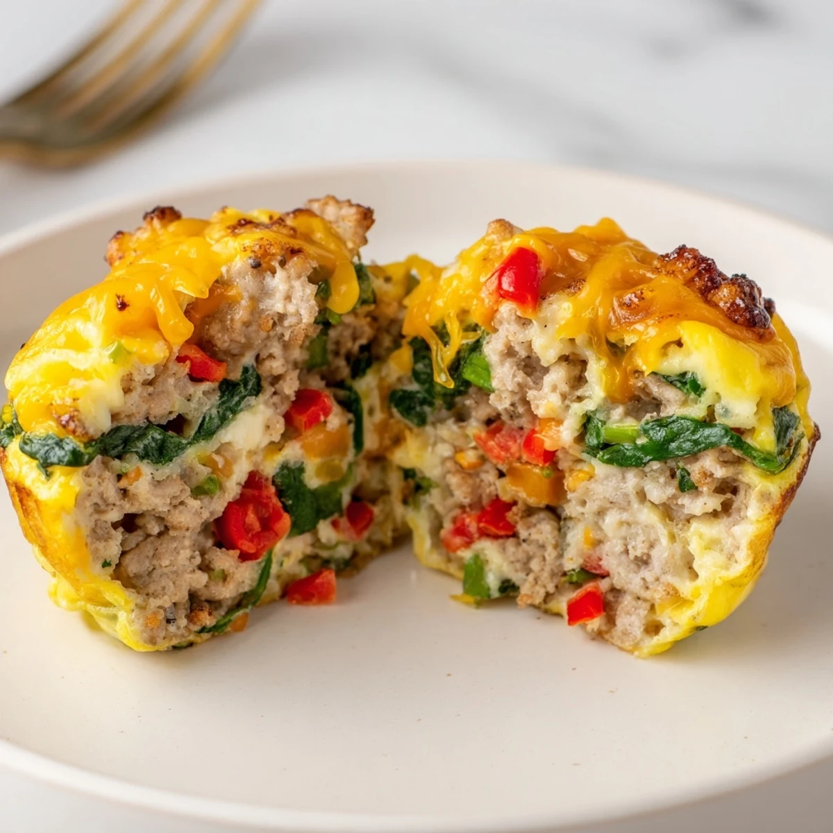 Turkey Sausage Egg Muffins sliced open, fluffy interior and melted cheddar