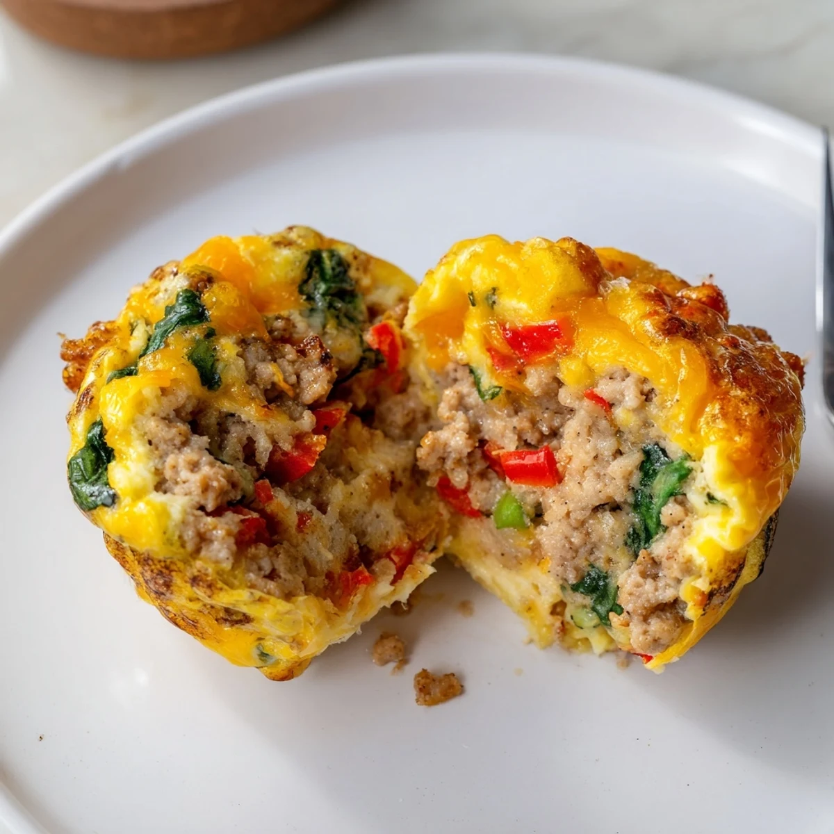 Meal-prep Turkey Sausage Egg Muffins cooling in tin, bell pepper flecks