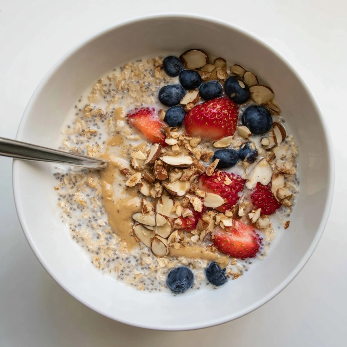 Creamy Protein Overnight Oats topped with fresh berries and chopped nuts