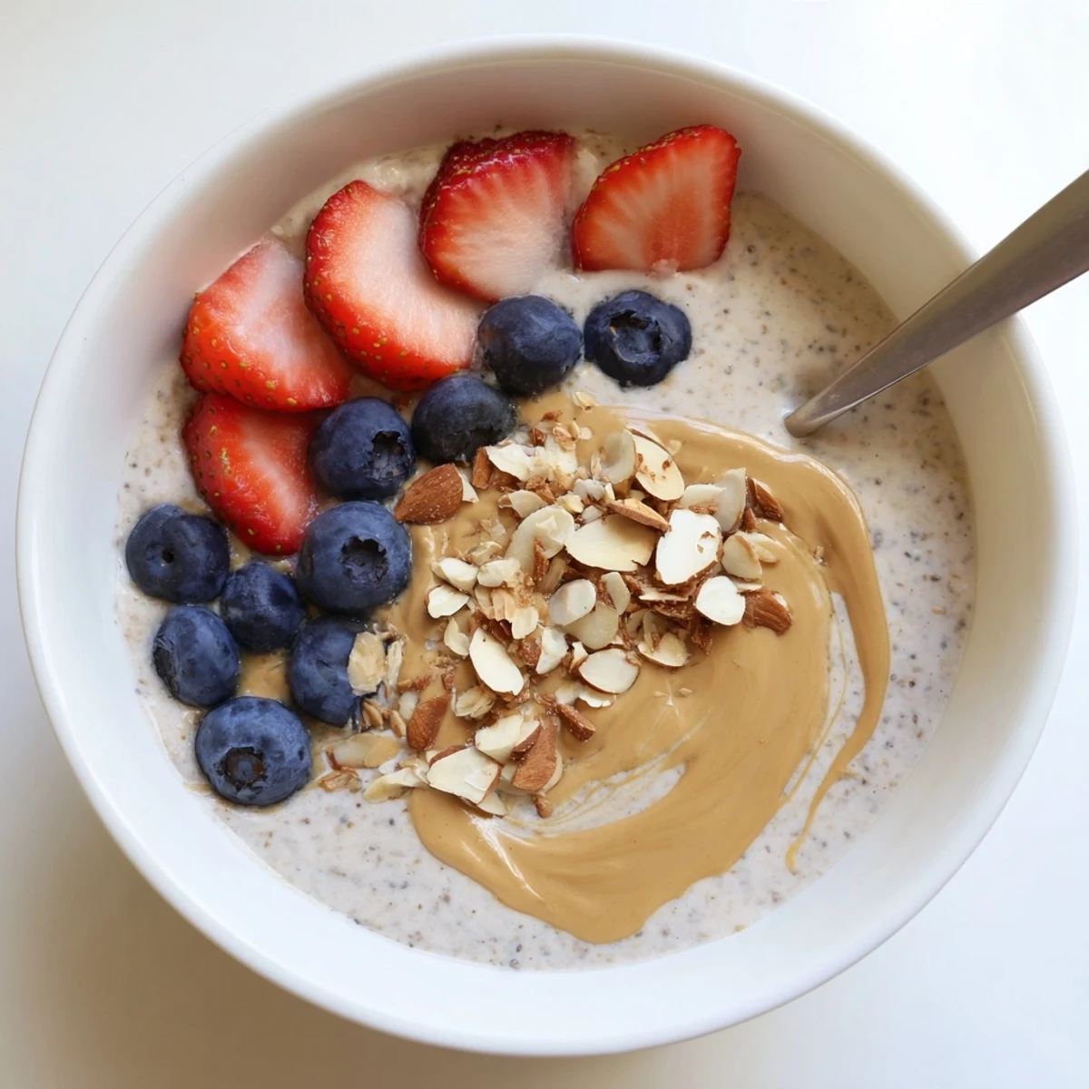 Spoonful of velvety Protein Overnight Oats garnished with nut butter drizzle