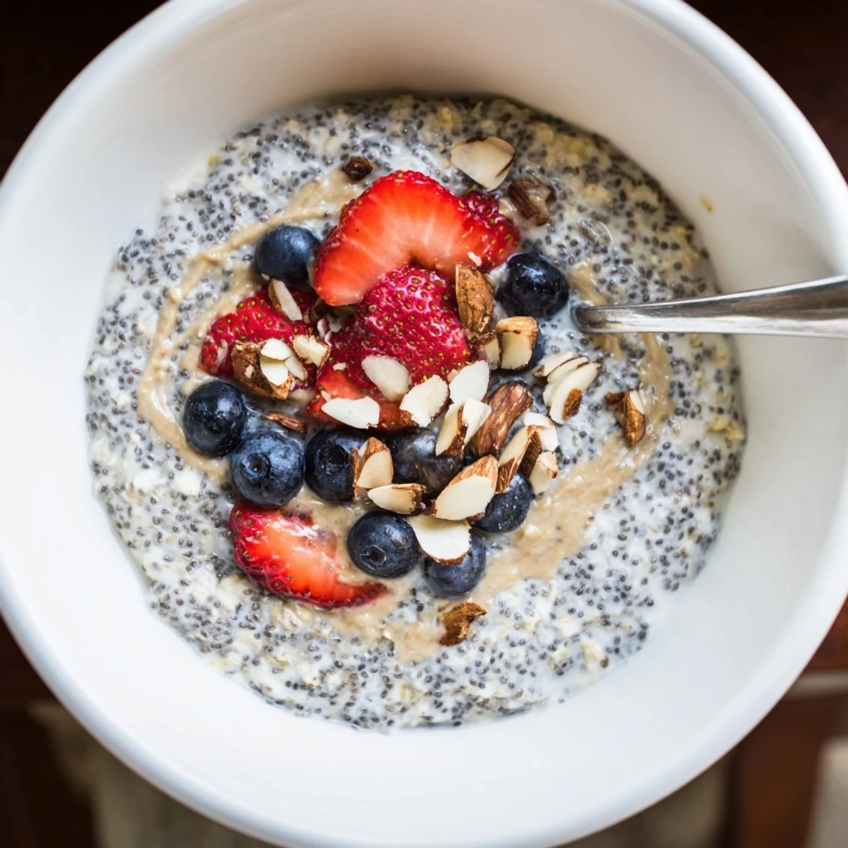 Chilled jar of Protein Overnight Oats with vanilla, maple, and berries
