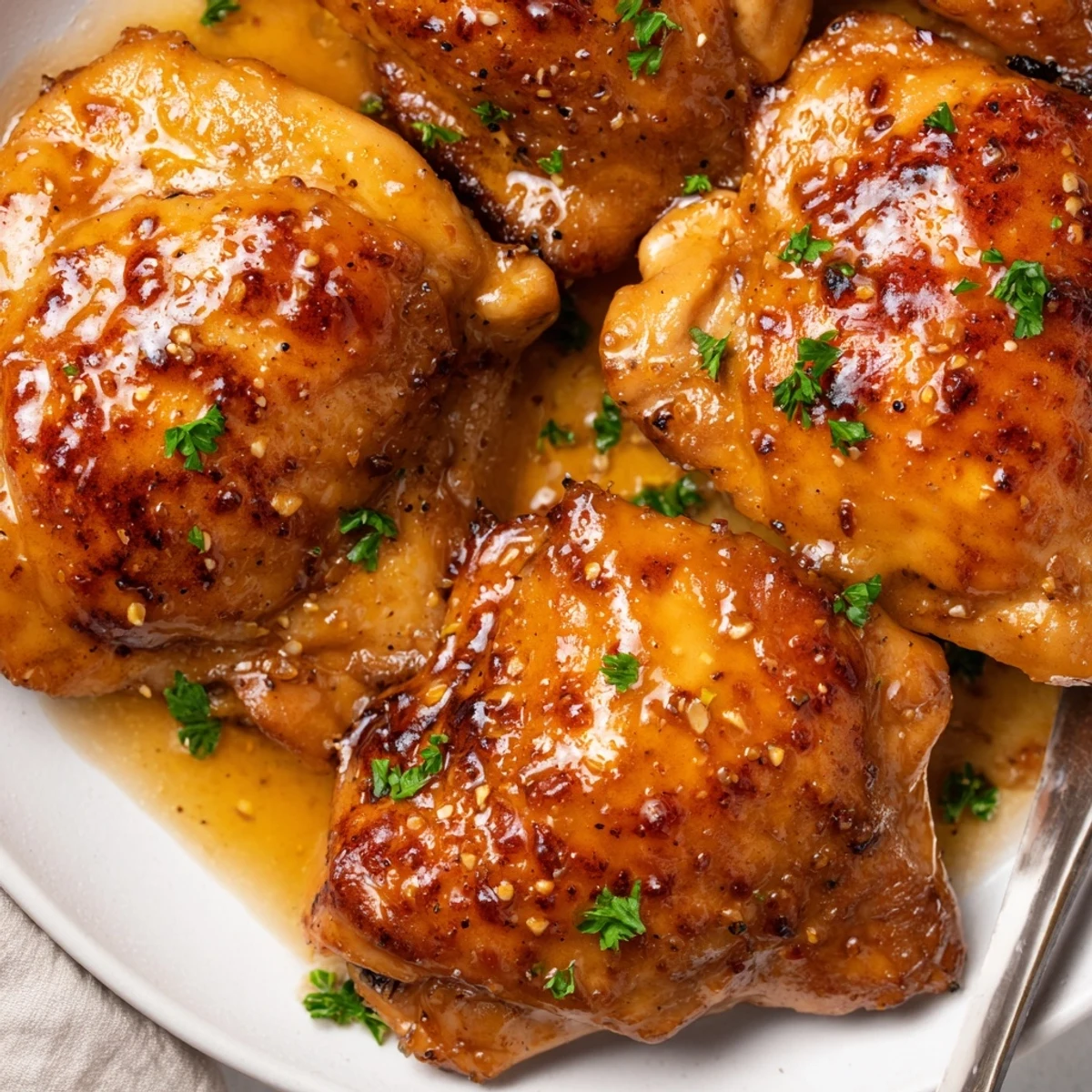 Maple Glazed Chicken Thighs with sticky golden glaze, crispy skin and parsley