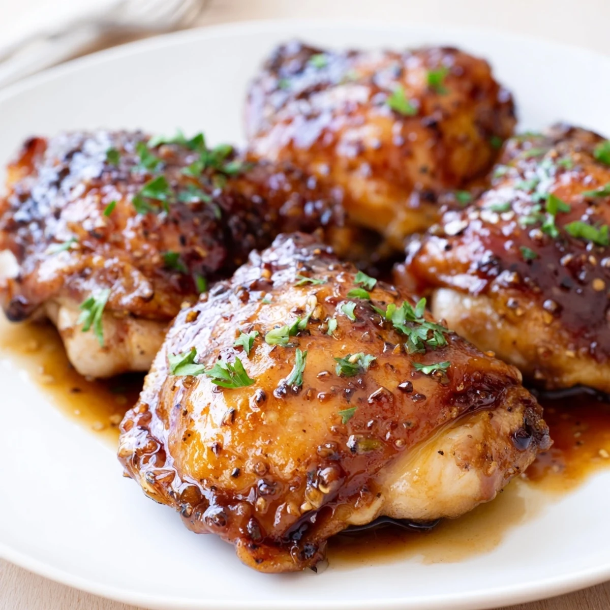 Oven-baked Maple Glazed Chicken Thighs resting on creamy mashed potatoes, aromatic