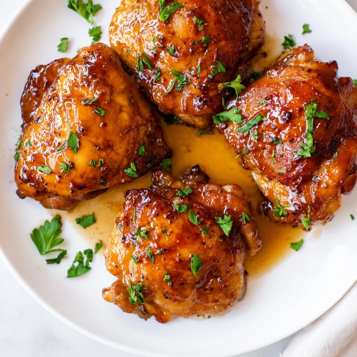 Caramelized Maple Glazed Chicken Thighs basted during baking for deep, savory-sweet flavor