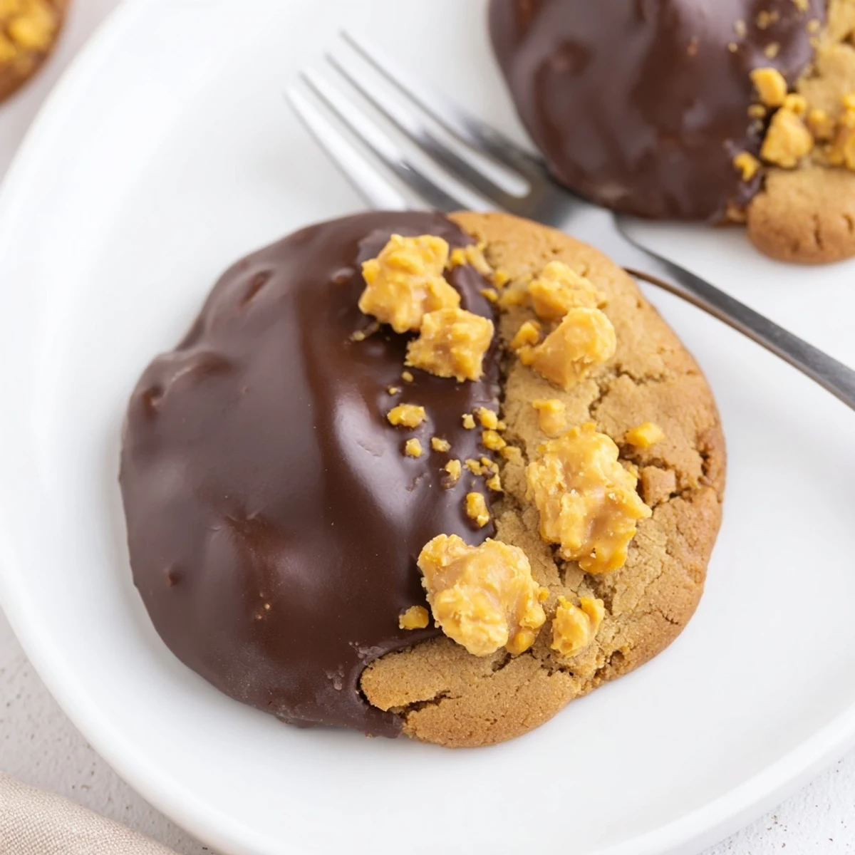 Chocolate Dipped Toffee Cookies on parchment, glossy chocolate halves and crunchy toffee