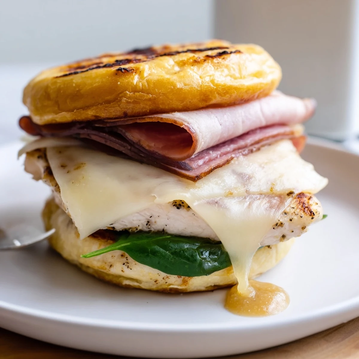 Grilled Chicken Cordon Bleu Sandwich with melted Swiss, smoky grill marks, Dijon drizzle