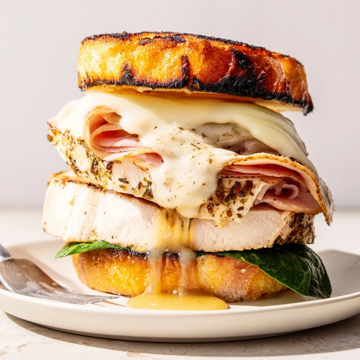 Warm Grilled Chicken Cordon Bleu Sandwich cut in half, oozing cheese, butter-toasted buns